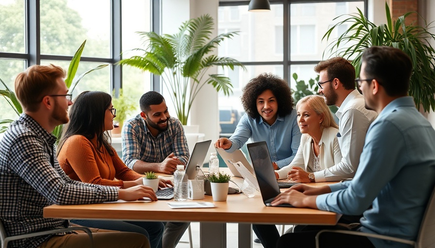 Team discussing in office during UK four-day workweek trial.