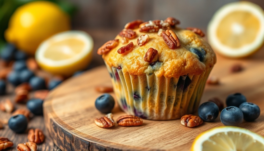 Lemon blueberry muffin with pecans on wooden board.