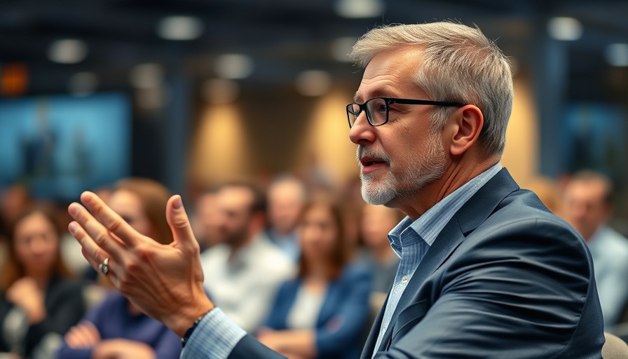 Engaged individual discussing AI copyright concerns at conference.