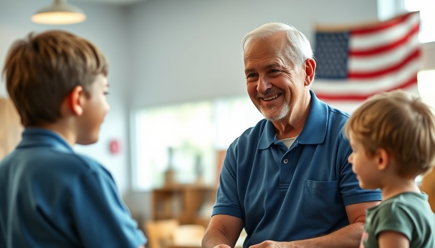 Older man volunteering with children, highlighting health benefits.