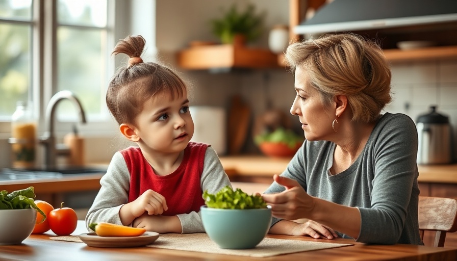 Mother discussing healthy eating with child, focus on maternal influence on childhood obesity.