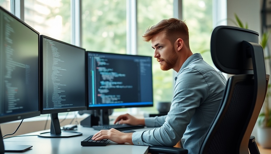 Software engineer in home office working on code, multiple monitors.