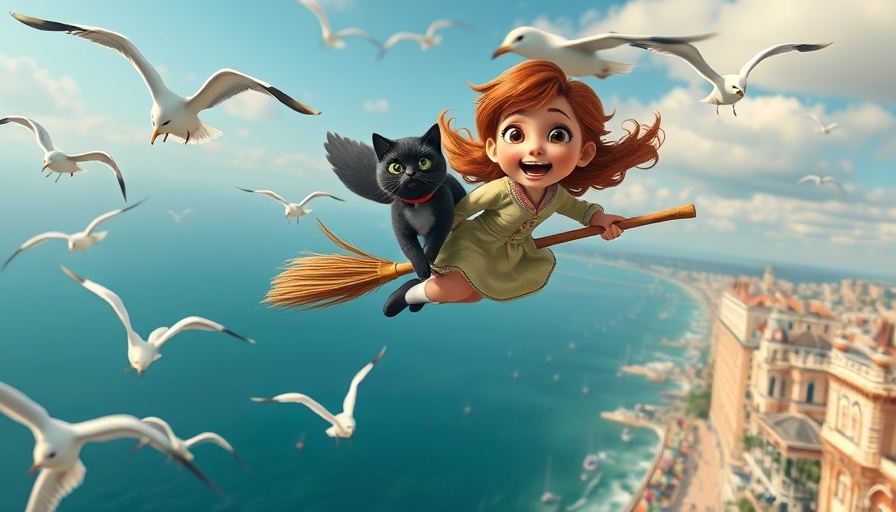 Animated girl flying with cat and seagulls over city, AI Studio Ghibli Art Generator.