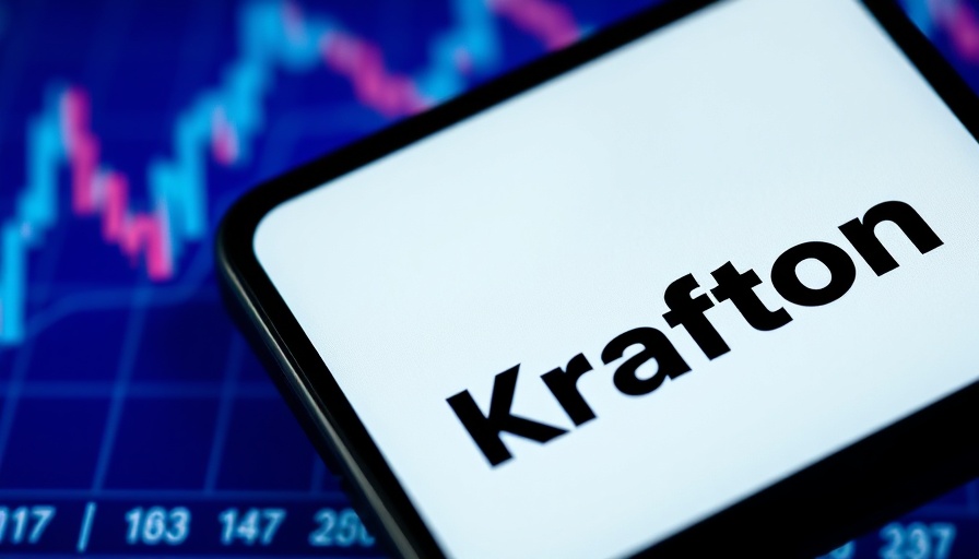 KRAFTON logo on smartphone with blue stock chart background, signifying acquisition.