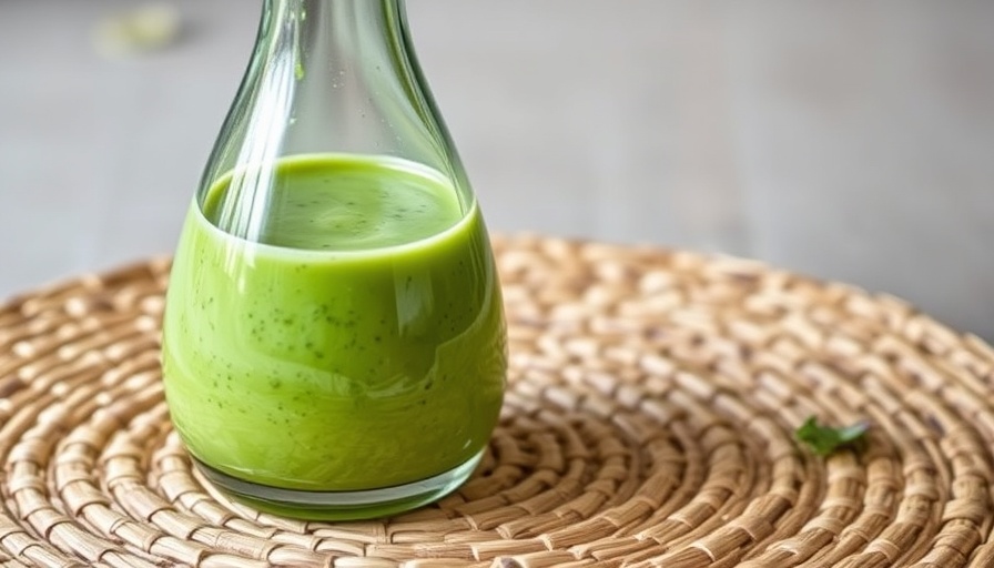 Glass bottle of creamy Green Goddess Salad Dressing on a mat.