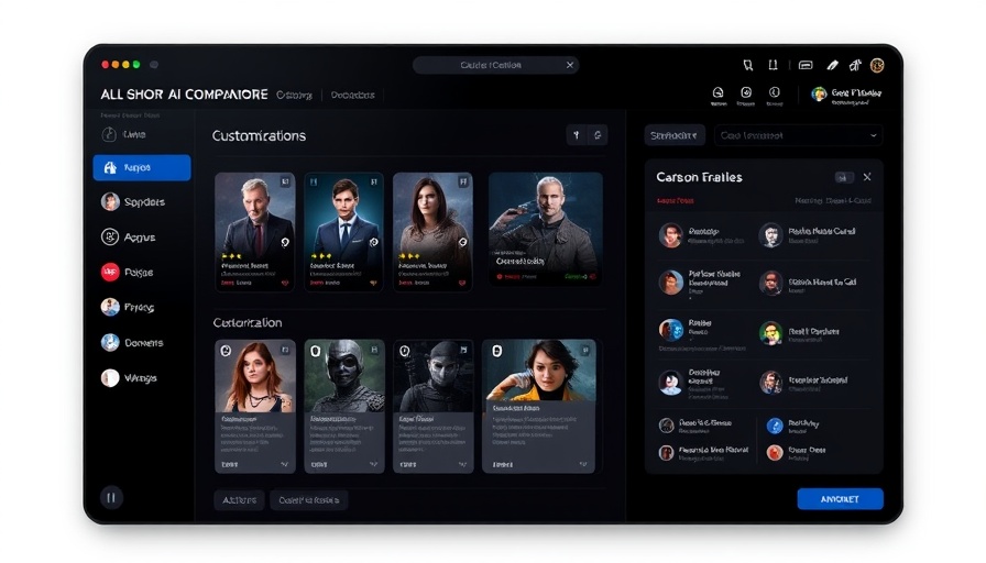 Dark-themed AI companion customization interface with character options.