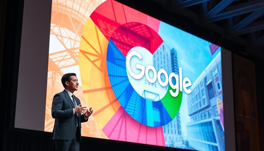 Conference speaker presents in front of Google logo with abstract design.