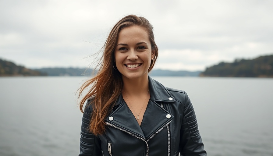 Woman smiling confidently by a lakeside, symbolizing AI transforming care.
