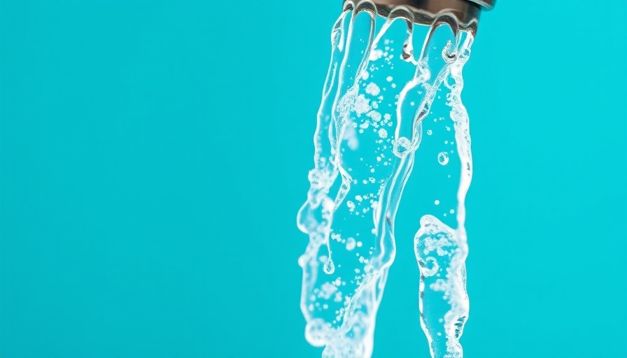 Glistening water stream against turquoise background, ban fluoride in drinking water concept.
