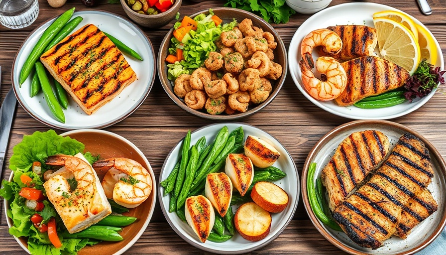 Variety of low-carb fish dinners featuring salmon, shrimp, scallops.