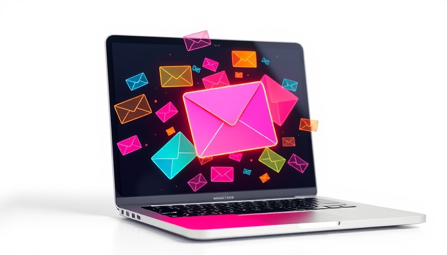 Digital envelopes flying from laptop screen illustrating message communication.