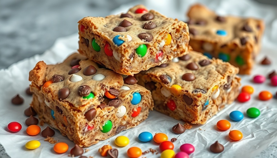 Vibrant Tahini Monster Cookie Bars with colorful candies.