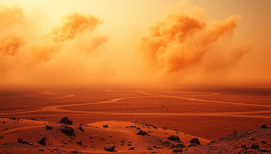 Martian landscape with swirling dust storm showcasing Martian dust health risks.