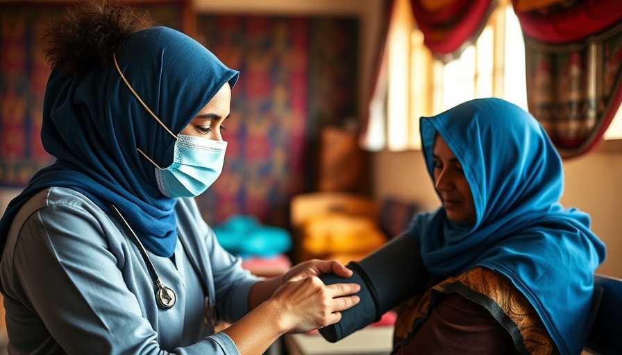 Healthcare worker checks patient's blood pressure in Afghan clinic.