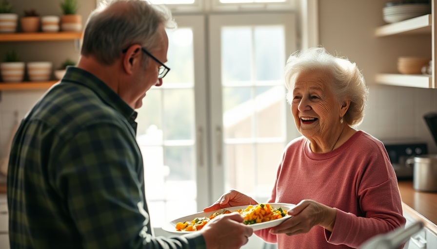 Elderly woman receiving Meals on Wheels delivery in kitchen.