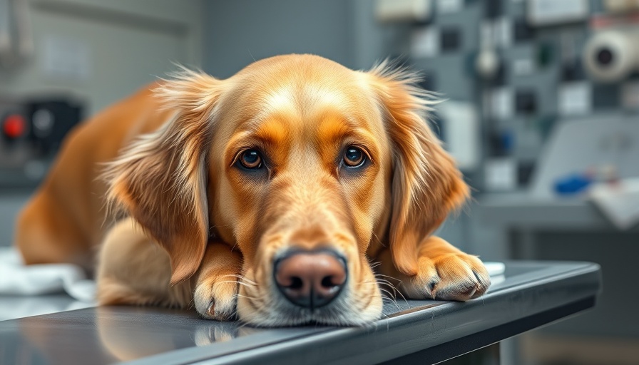 Concerned golden retriever at vet clinic, related to Giardia infections in dogs.