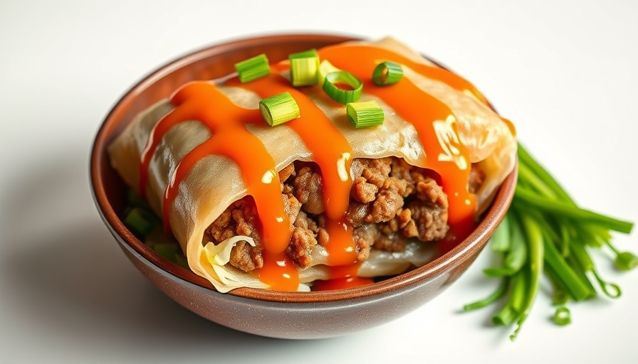 Easy Egg Roll in a Bowl Recipe featuring colorful ingredients topped with sauce.