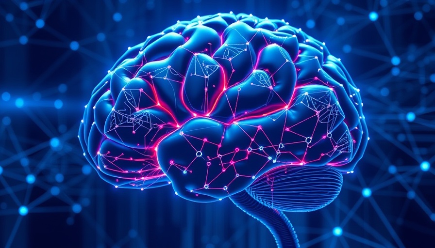 Futuristic digital brain with nodes in blue environment, AI technology.