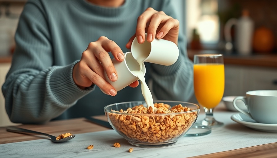 Person pouring milk into cereal bowl, casual breakfast scene.