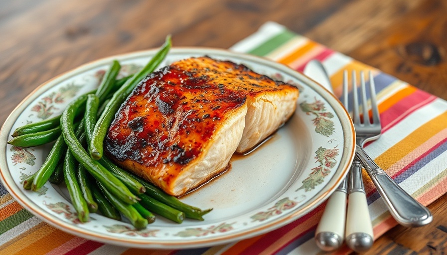 Maple glazed salmon recipe with green beans on colorful tablecloth.
