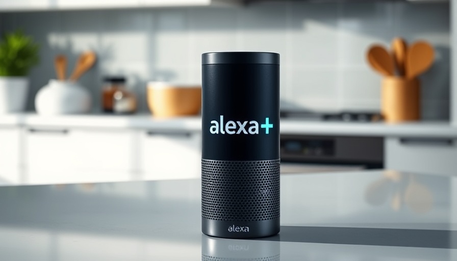 Alexa+ new features displayed on smart speaker in modern kitchen.