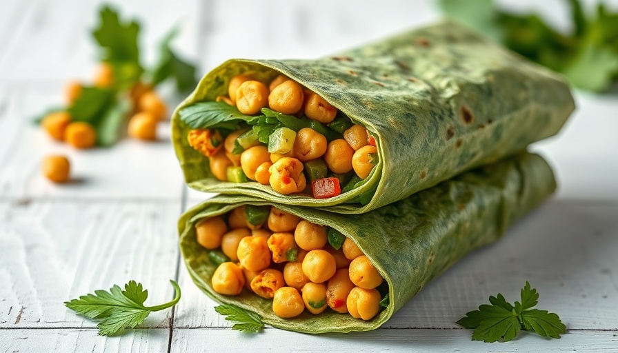 Vegan Curry Chickpea Salad Collard Wraps on wooden surface.