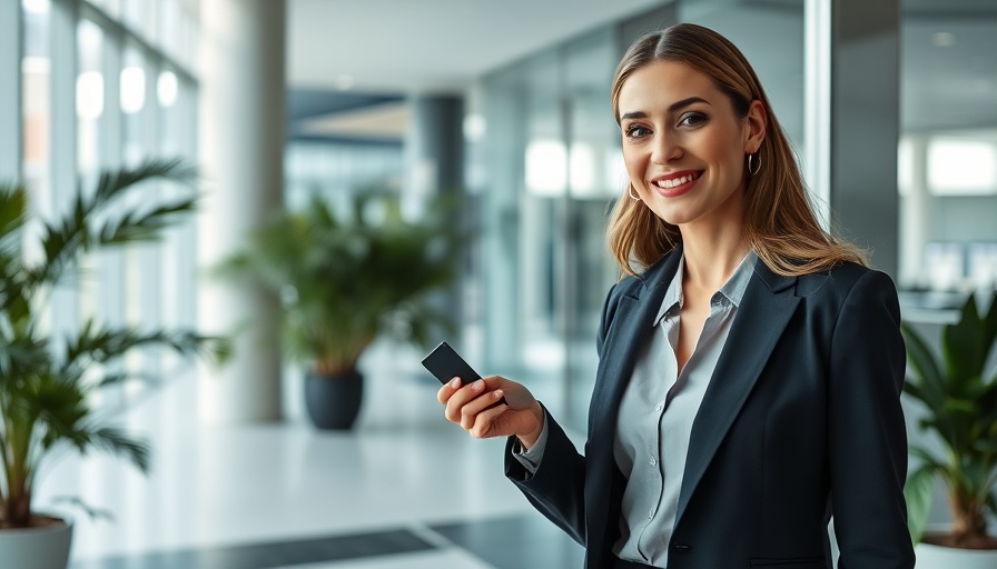 Professional woman returning to office, swiping access card.