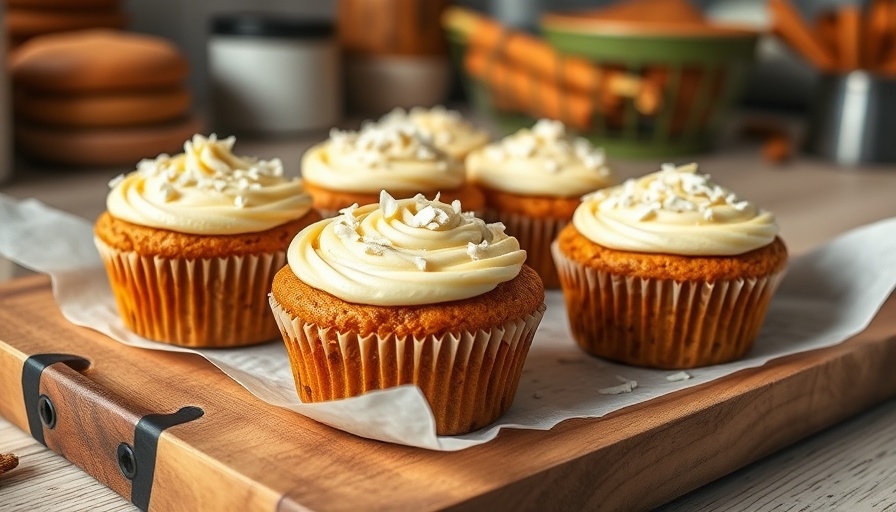 Healthy carrot cake muffins with frosting on a wooden tray.