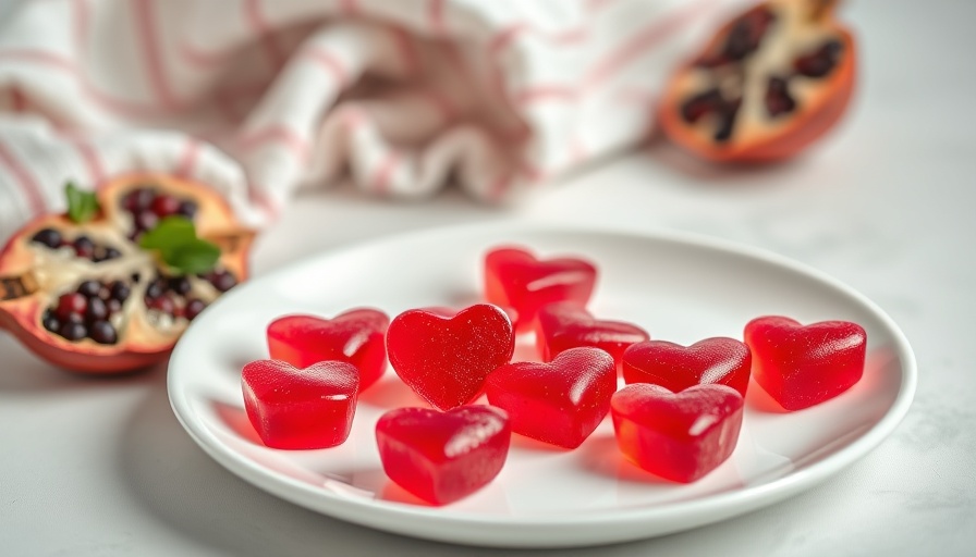 Heart-shaped beet gummies and pomegranate, vibrant reds, soft light.