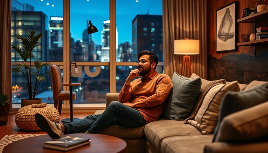 Thoughtful man in a cozy living room, relaxed and seated.