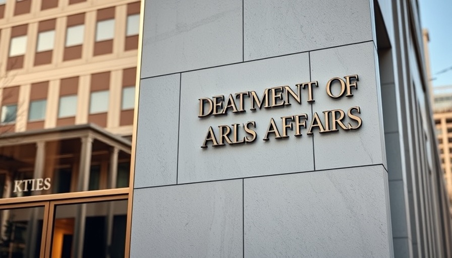 Department of Veterans Affairs sign with building reflections.