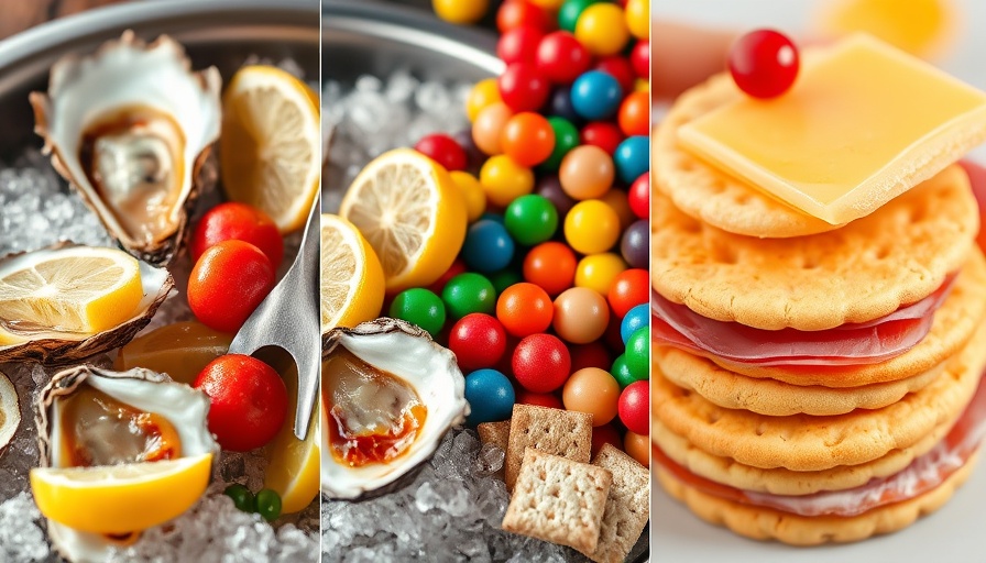 Oysters, colorful candies, and salami on crackers in a collage.