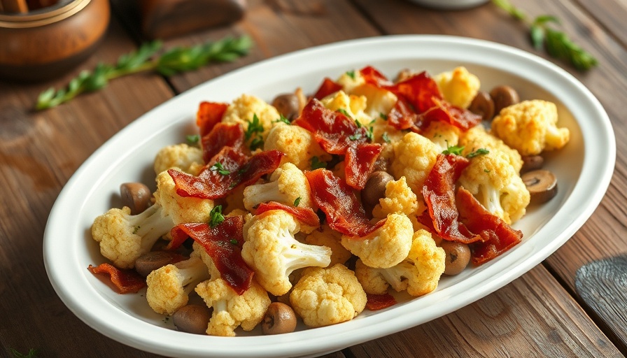 Savory fried cauliflower with bacon and mushrooms on a plate