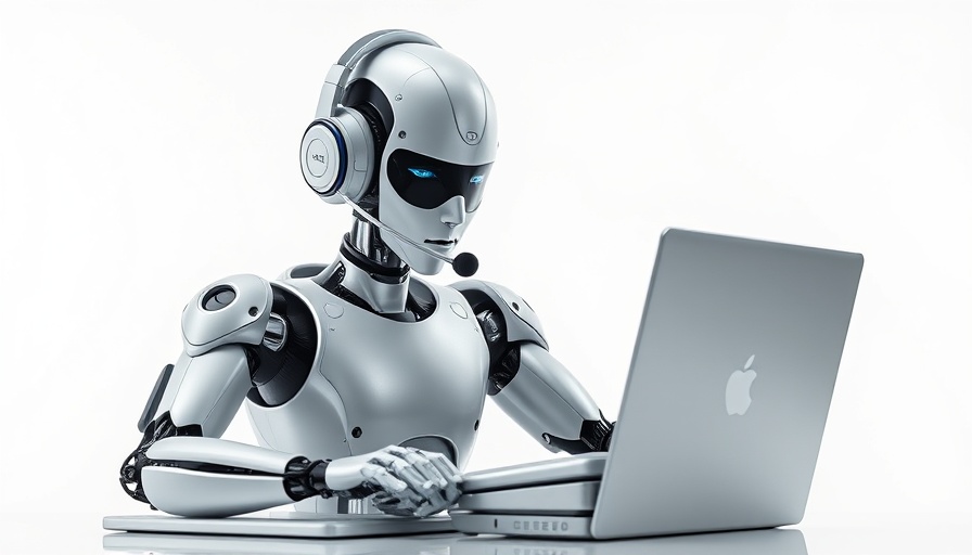 Futuristic humanoid robot using a laptop, embodying modern technology and innovation.