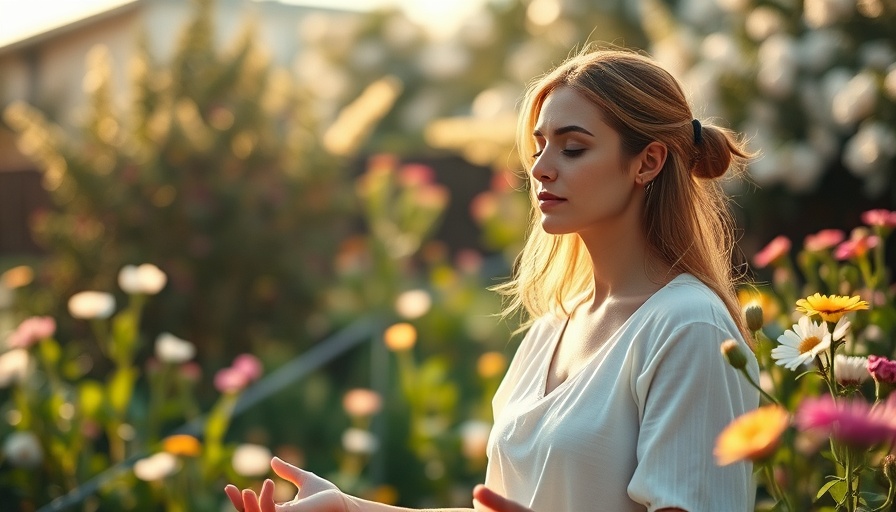 Woman practicing mindfulness meditation in a serene garden for chronic pain therapy.