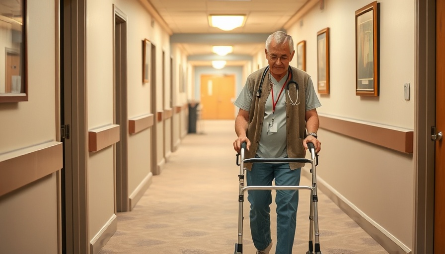 Caregiver assists elderly in nursing home hallway, serene setting