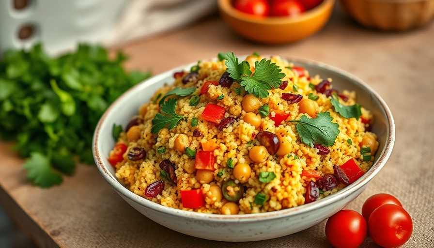 Curried chickpea couscous salad with fresh vegetables and herbs