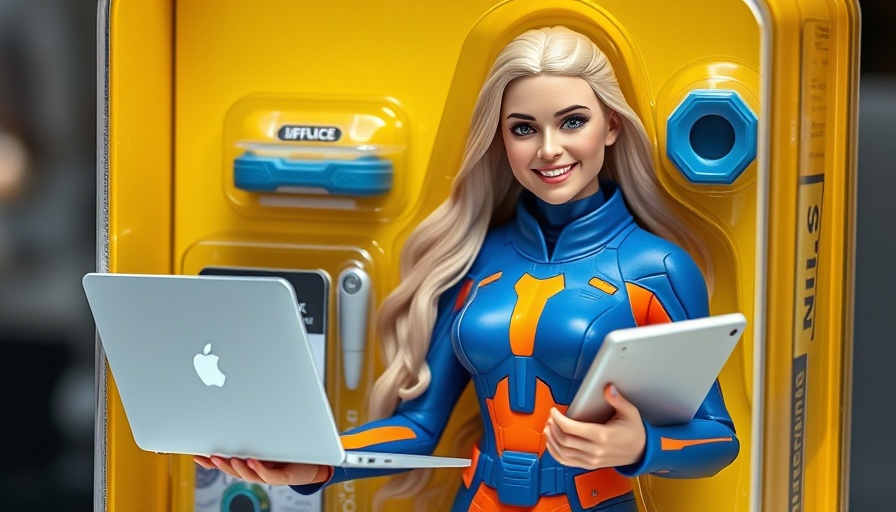 Futuristic AI action figure in yellow packaging holding a laptop.