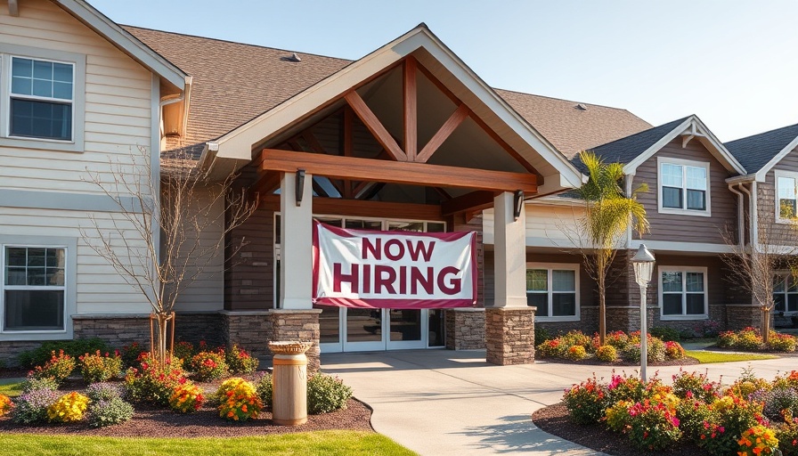 Senior care facility with 'Now Hiring' sign.
