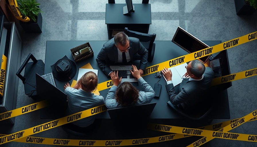 AI Agents Game Theory: Professionals collaborating at a desk with caution tape.