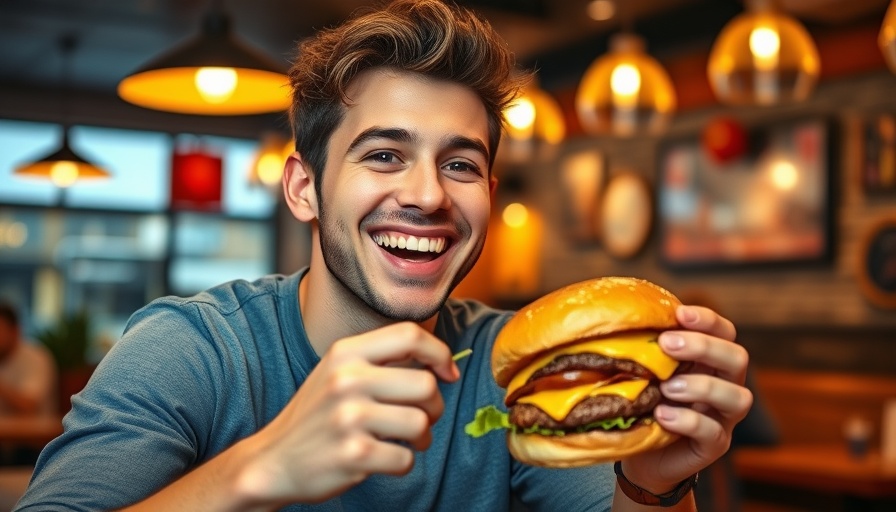Cheerful man enjoying a cheeseburger, highlighting reverse dieting benefits
