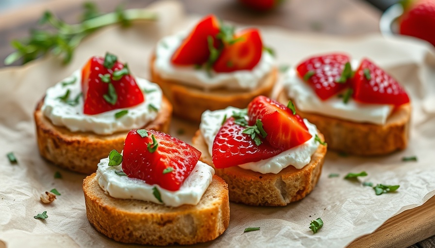 Roasted strawberry goat cheese crostini on rustic parchment.