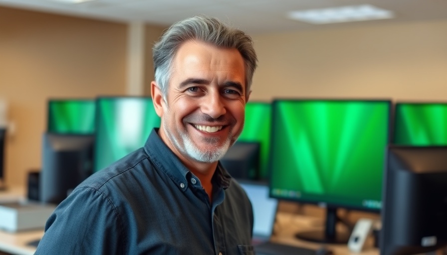 Mature man in office with computer monitors for enterprise imaging systems in healthcare.