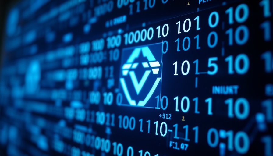 Glowing digital code with futuristic logo in tech theme, related to industry-specific AI benchmarks.