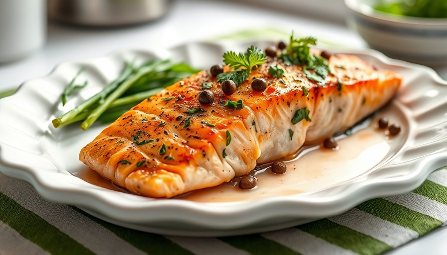 Delicious slow roasted salmon with herbs and capers on a platter.