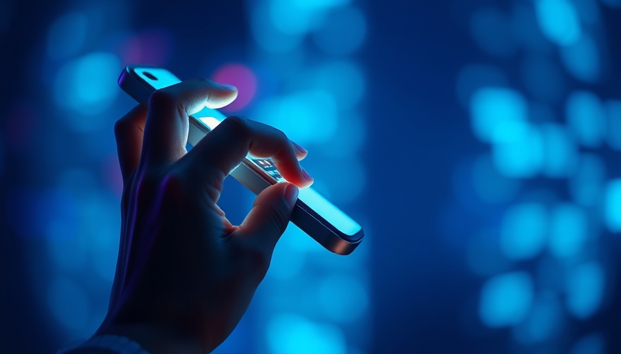 Pixelated hand using smartphone, digital interaction glow.
