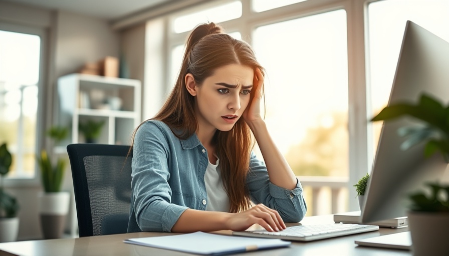 Stressed woman in home office rubbing her forehead due to PMS.