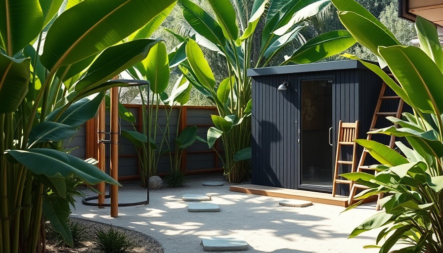 Backyard sauna setup with bamboo shower and black sauna
