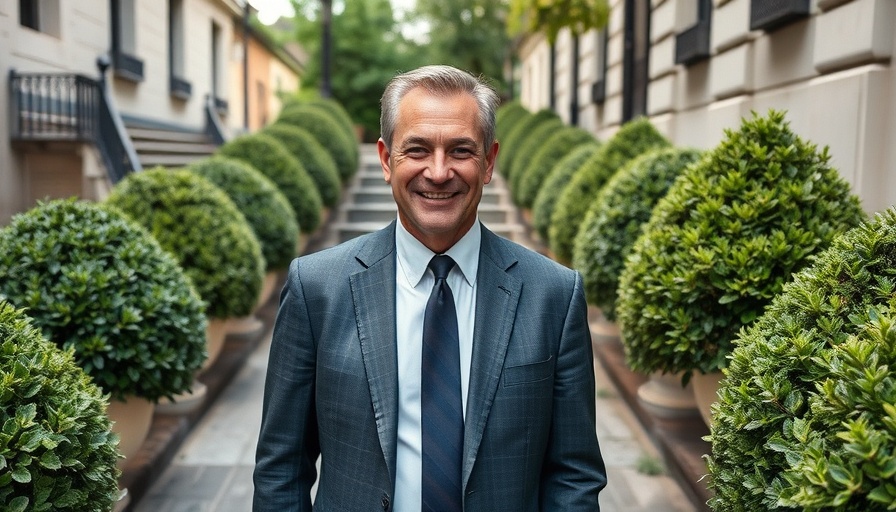 Confident man standing amid greenery in an urban setting.