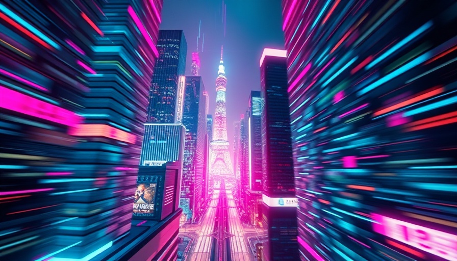AI transformation visualized as a digital cityscape with data streams.